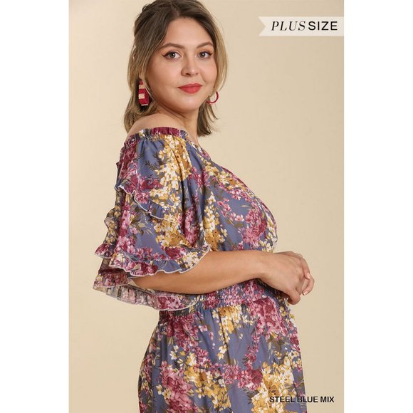 Umgee Plus Steel Blue Mix Sheer Floral Print Off Shoulder Ruffle Hem Midi Dress - Picture 2 of 4